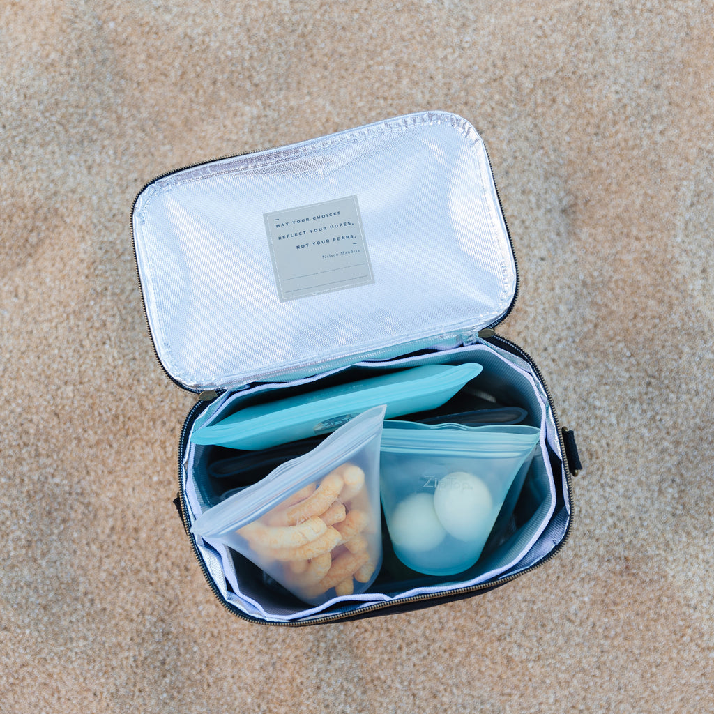 food in reusable silicone containers in a lunch cooler