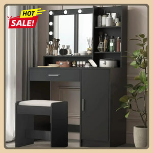 Vanity Desk, Large Drawer & Three Level Storage Dresser, Bedroom Dressing Table with Mirror & Light (Black with Stool) - Zenmoodify