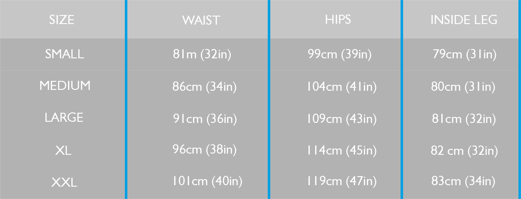 Mens Bottoms Size Guide