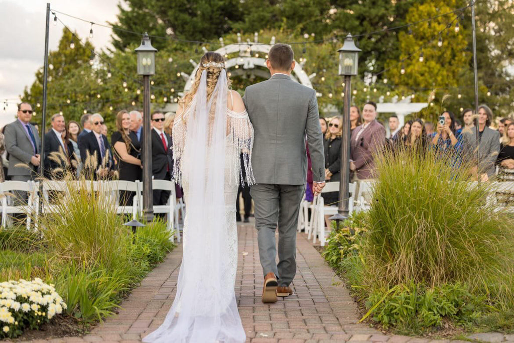 draped cape wedding veil in English net for bohemian chic bride