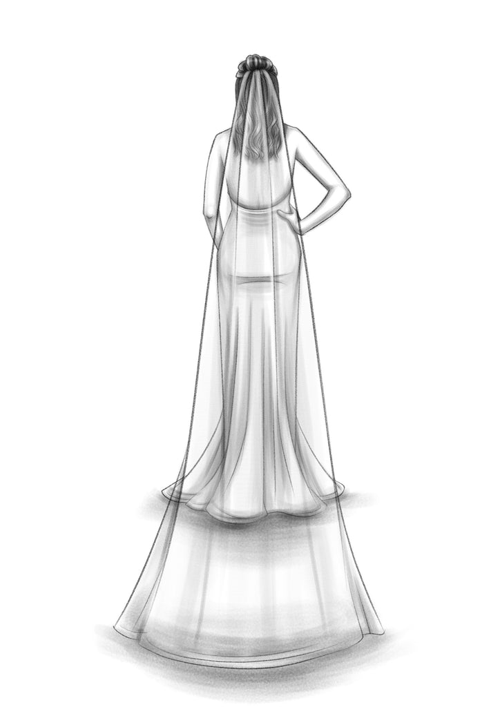 narrow and thin 54'' width cathedral length wedding veil sketch on bride