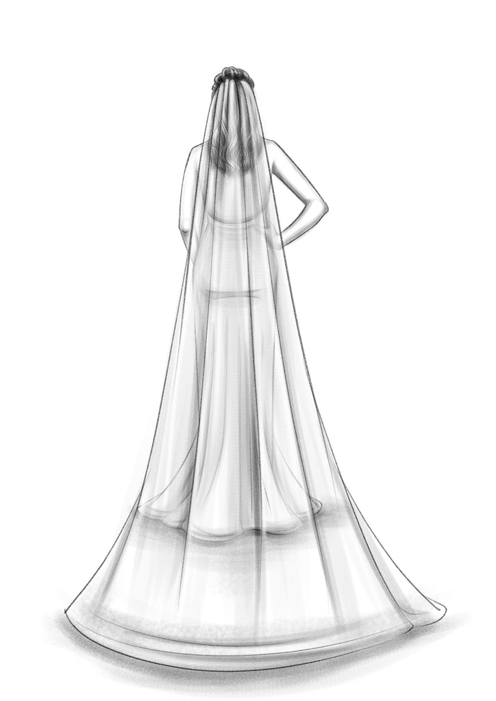 sketch of mid width 72 inch medium fullness cathedral veil with backless wedding dress 