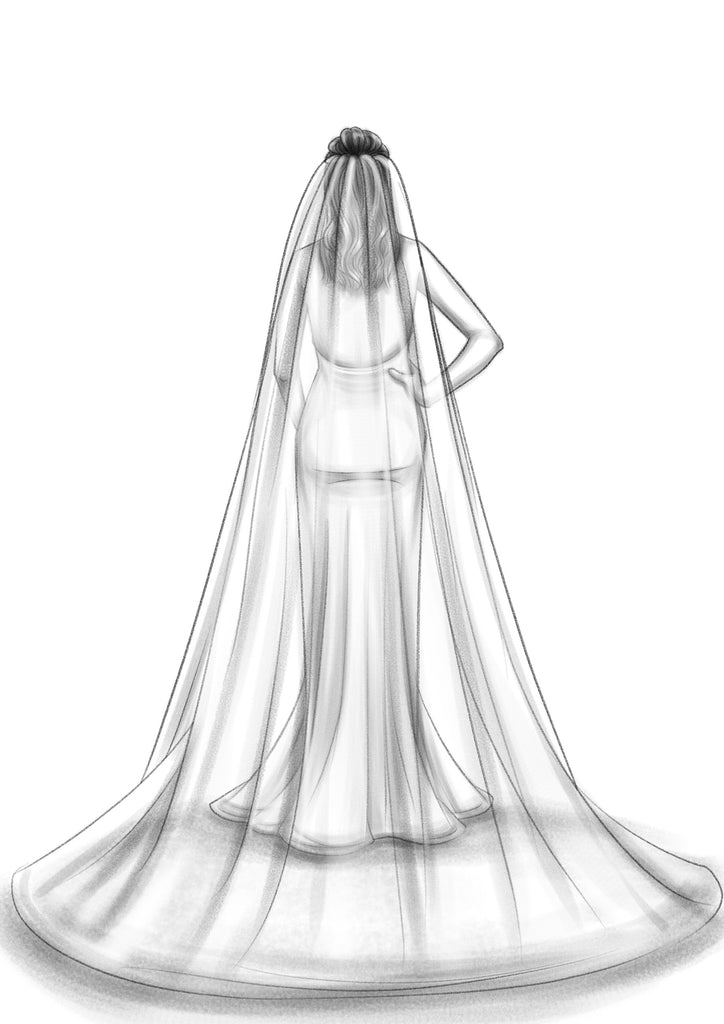 sketched diagram of extra full 108 inch width long cathedral wedding veil 