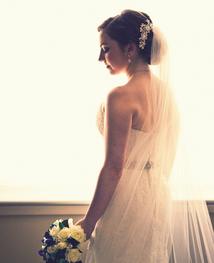 long lace wedding veil beaded crystal and pearl hairpiece
