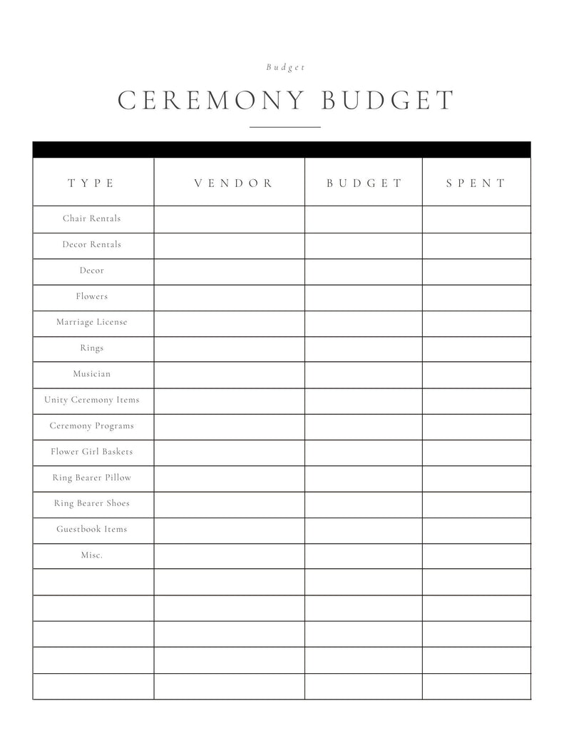 list for ceremony budget for your wedding day