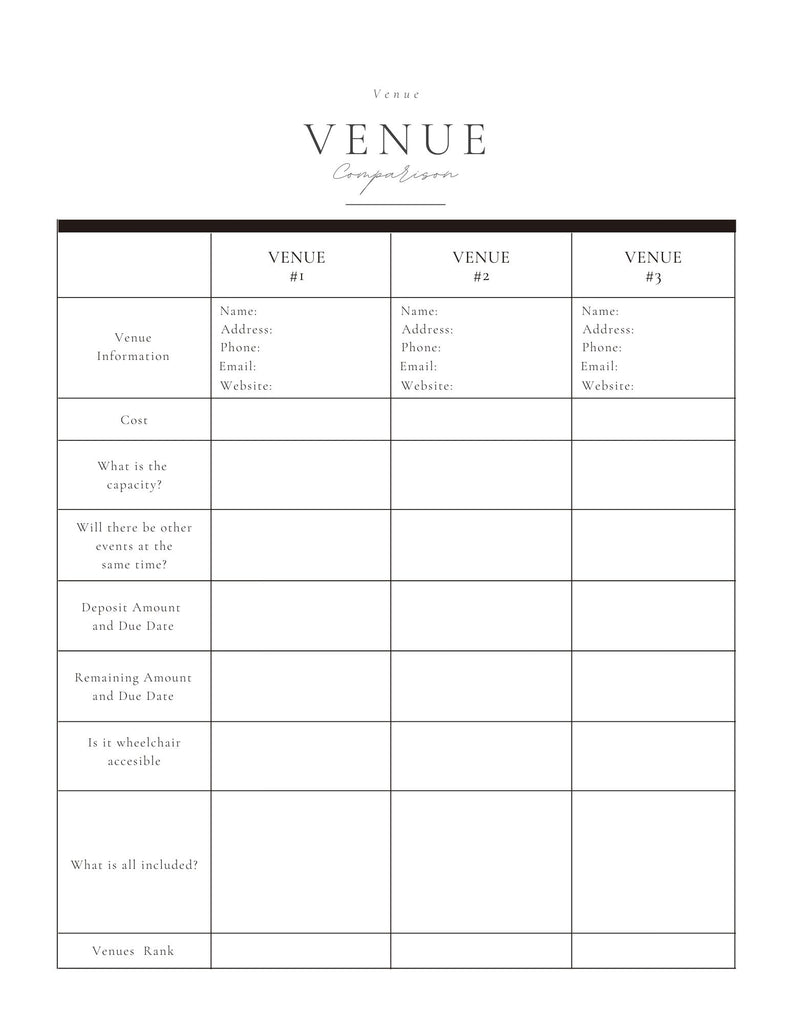venue comparison worksheet with budget and guest capacity