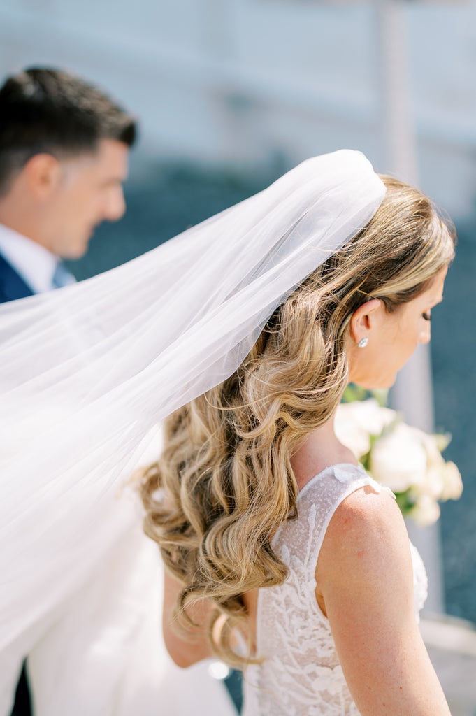 silk blend wedding veil with raw edge in downdo curls