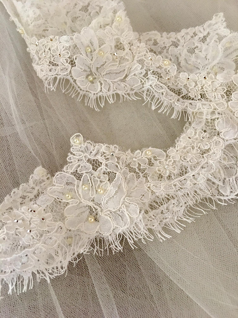 pearl and silver lined beading on French alencon lace trim with eyelash edge for bridal