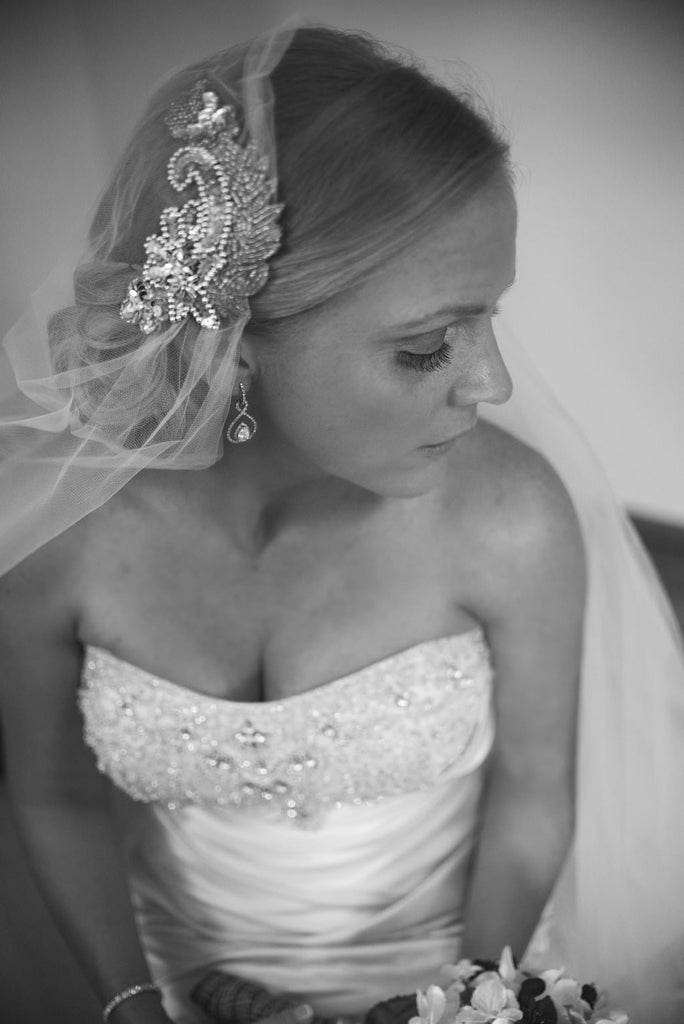 beaded juliet cap veil with rhinestones for low side bun