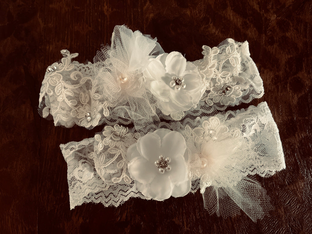 flower garter set made from mom's old wedding dress