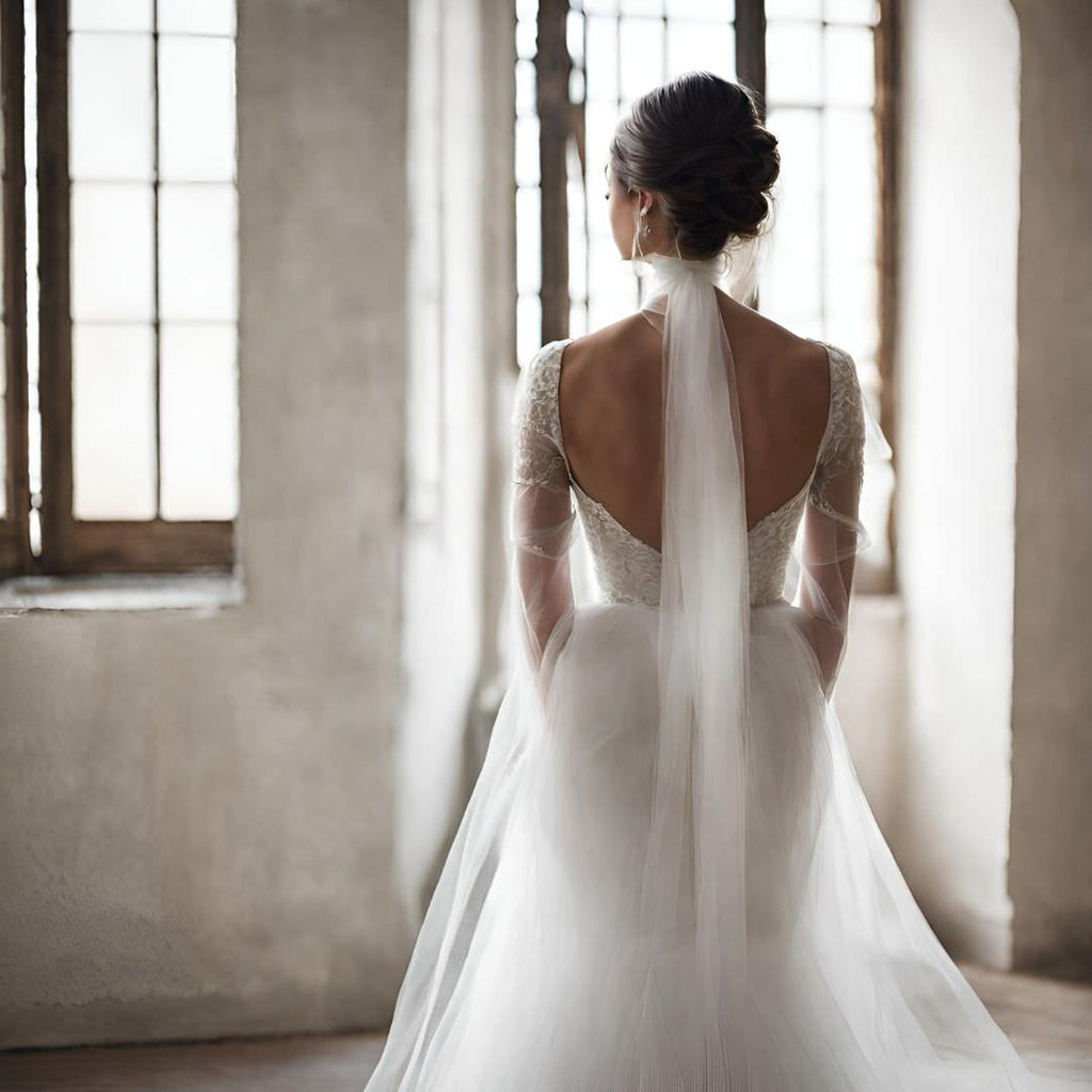 bride in updo wearing a long silk tulle scarf tied around neck