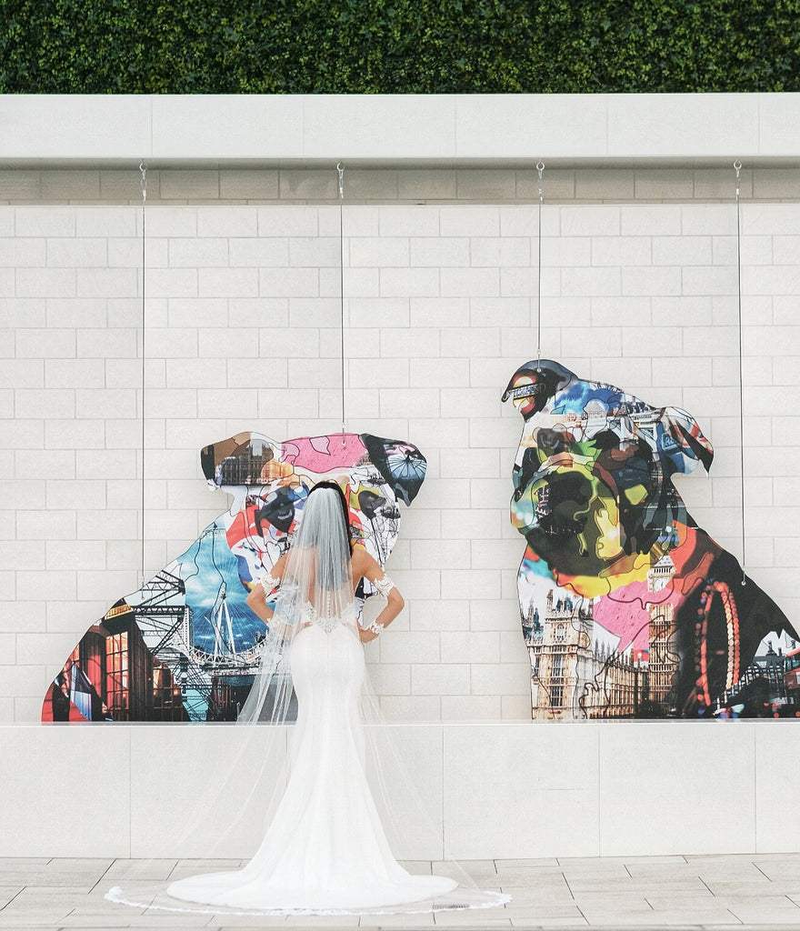 long cathedral length wedding veil on bride with graphic graffiti art of pugs on background wall