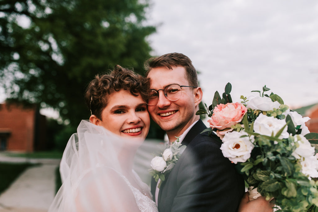 short hair bride with wedding veil after chemo