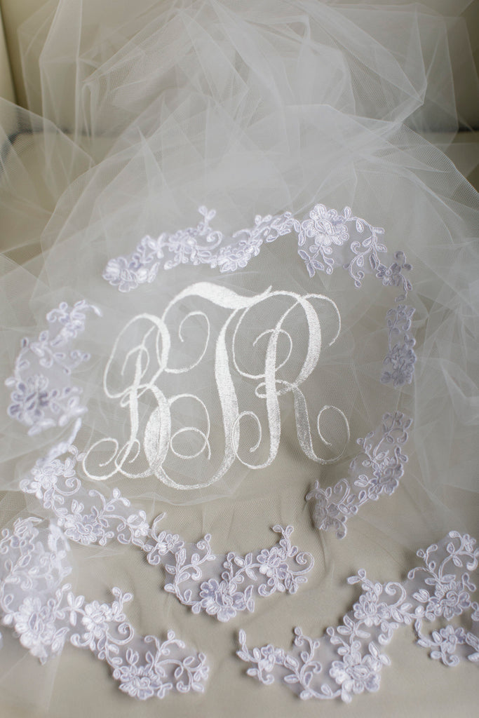 monogram embroidered wedding veil with lace applique for bridal veil