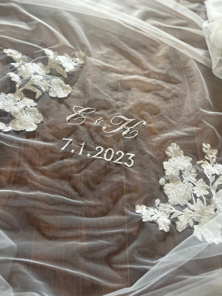 Filipino unity veil in silk tulle with embroidered initials and wedding date and flower lace motifs