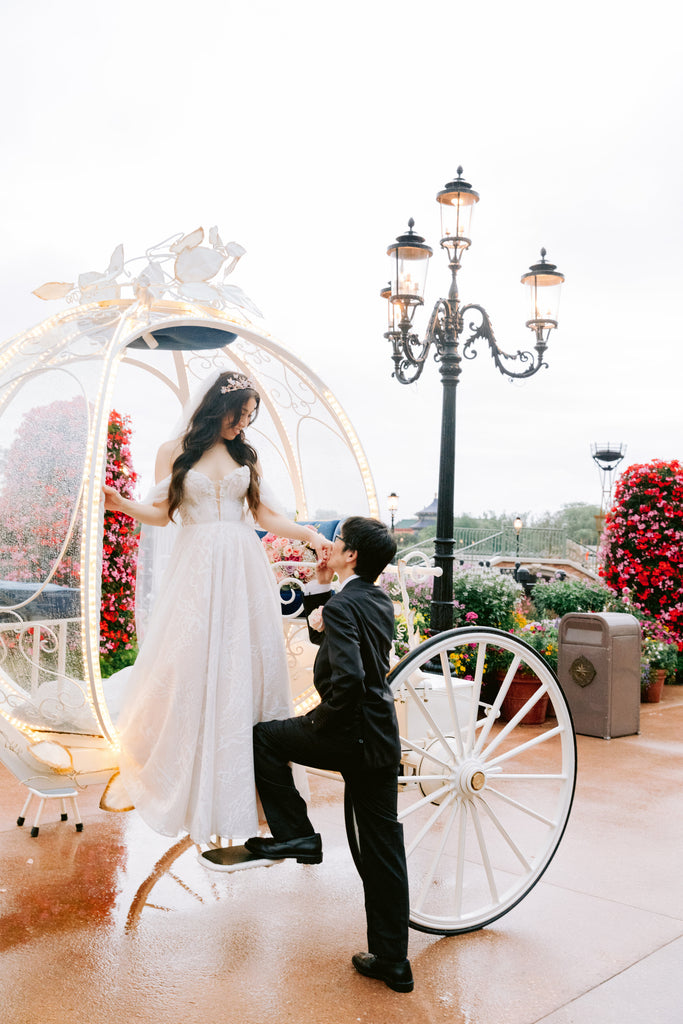 romantic bride in Disney horse and carriage with hair down and butterfly bridal tiara with long veil