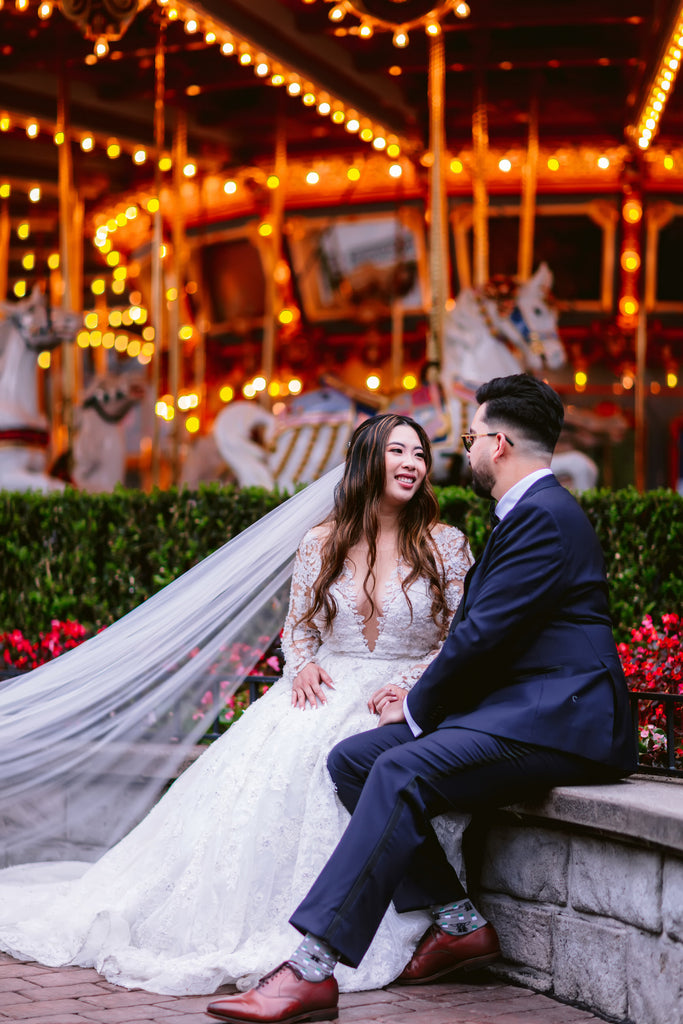 English net wedding veil cathedral length in front of Disneyland carousel