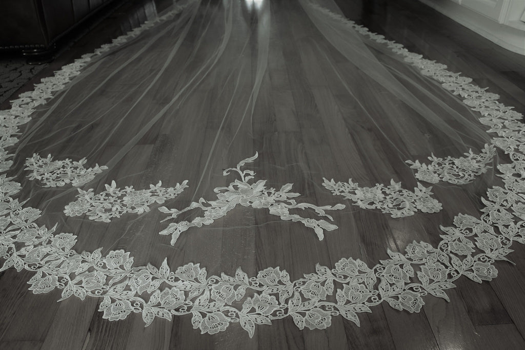 long royal length bridal veil with wide lace trim edging and center applique motifs