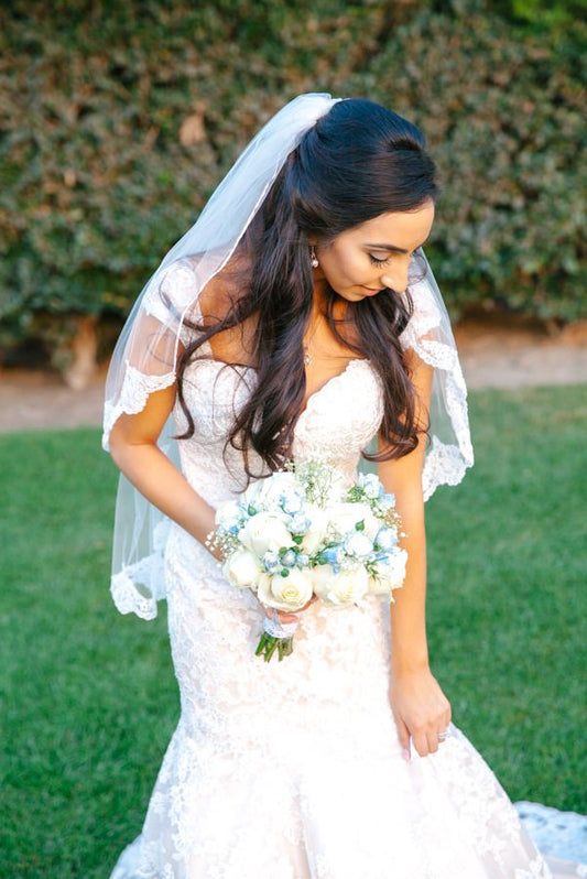 Fingertip Length Mantilla Wedding Veil with Beaded Lace Trim – One Blushing  Bride Custom Wedding Veils