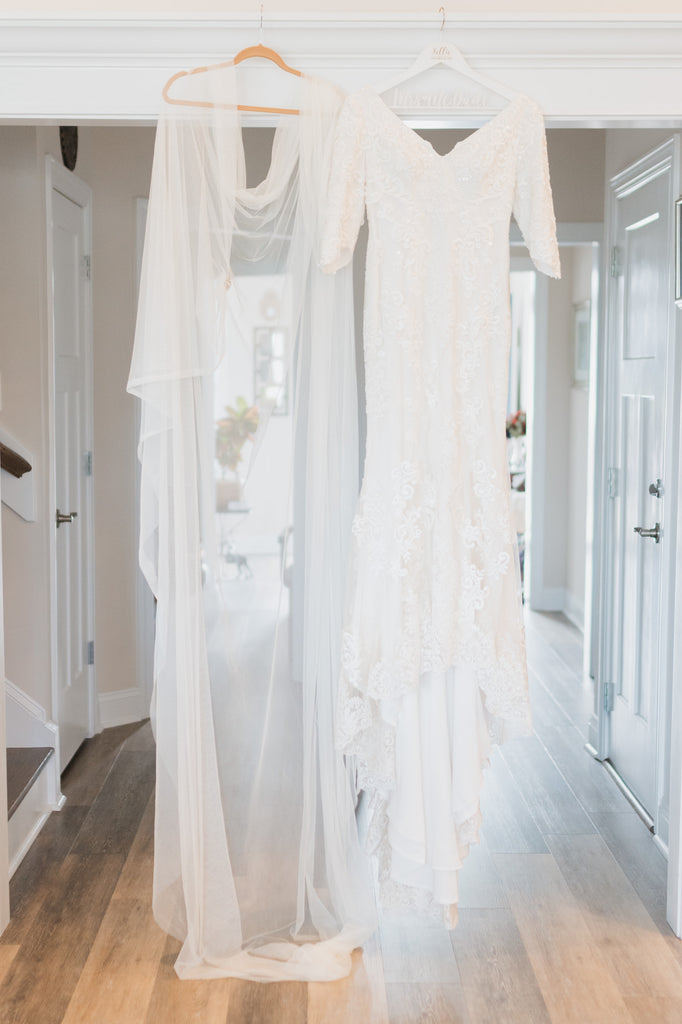 draped wedding cape veil and vintage wedding dress with elbow length sleeves