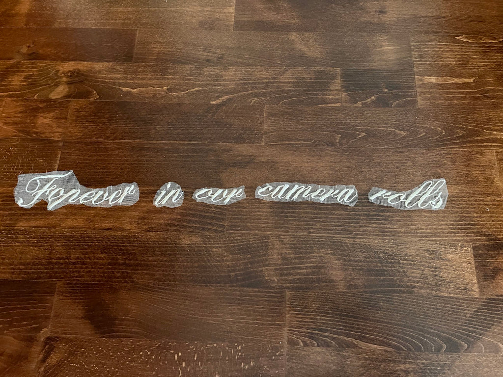 cursive ivory embroidered script phrase for wedding veil self-sew applique for bridal veils and capes