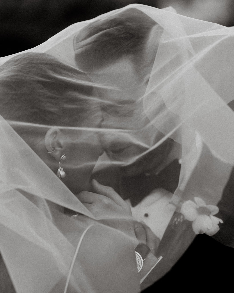 blusher wedding veil over couple's face