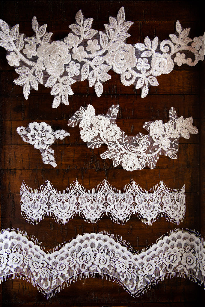 floral and Chantilly lace edge trimmings for wedding veils in ivory color