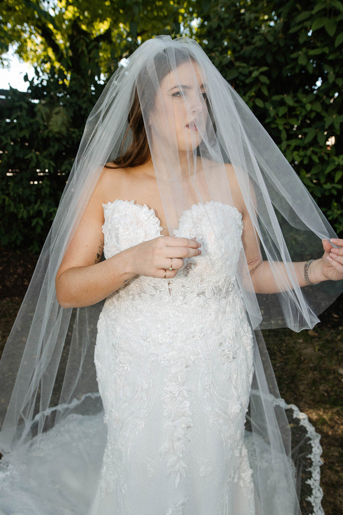 two layer extra full wedding veil with blusher and sweetheart neckline lace bridal gown