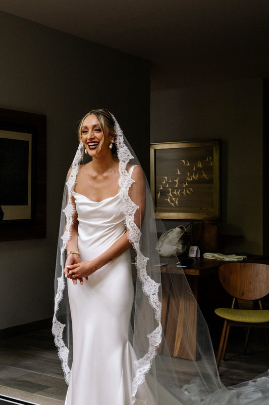 One Blushing Bride Cathedral Veil with Floral French Lace Trim, White/ Ivory White / Cathedral 108 Inches / Lace All The Way Up