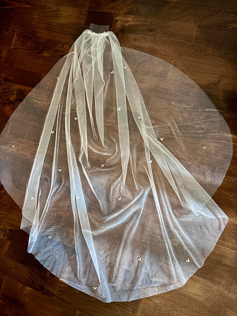 Mickey Mouse wedding veil with scattered rhinestones and crystals for Disney world princess brides