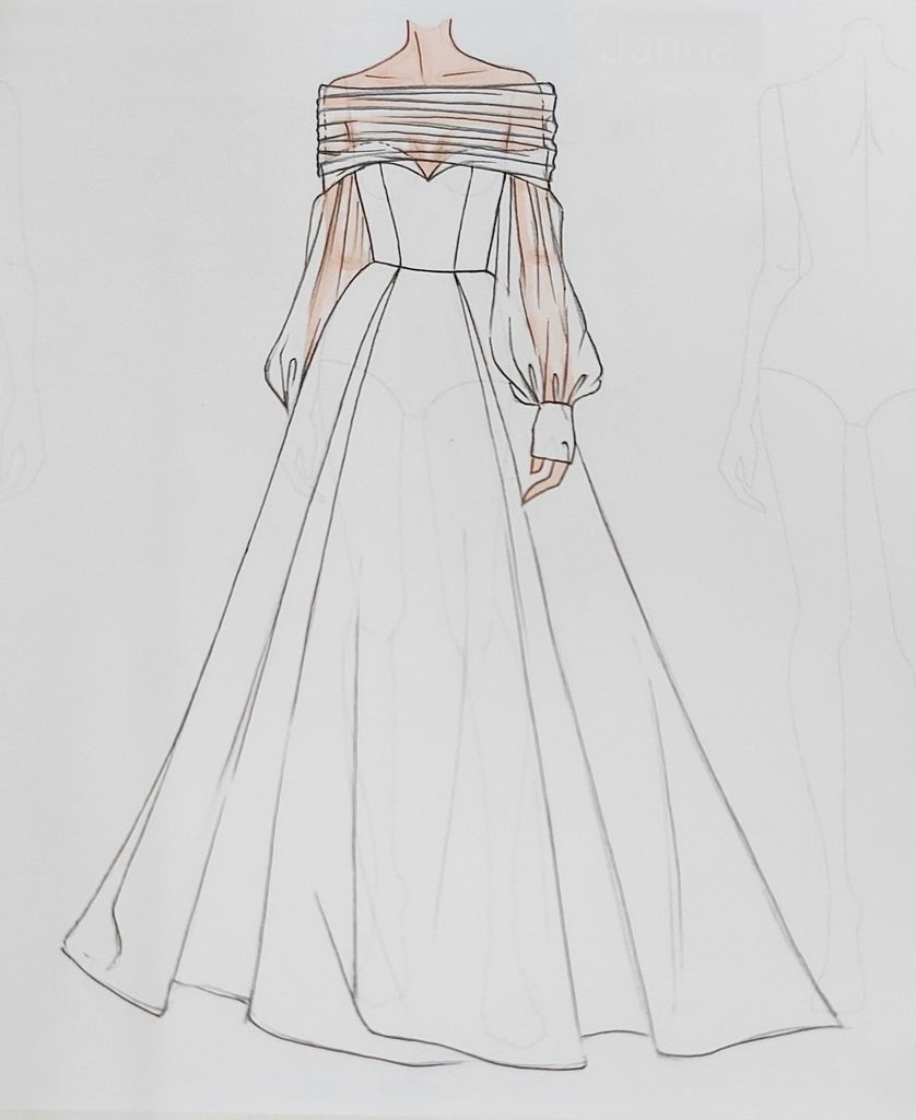 sketch of bride in a line gown with stretch detachable puff sleeve pattern for bride