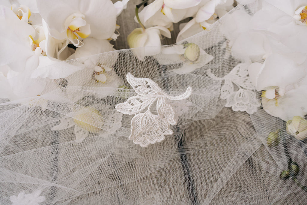 romantic rose and leaf bridal lace applique on long ivory wedding veil