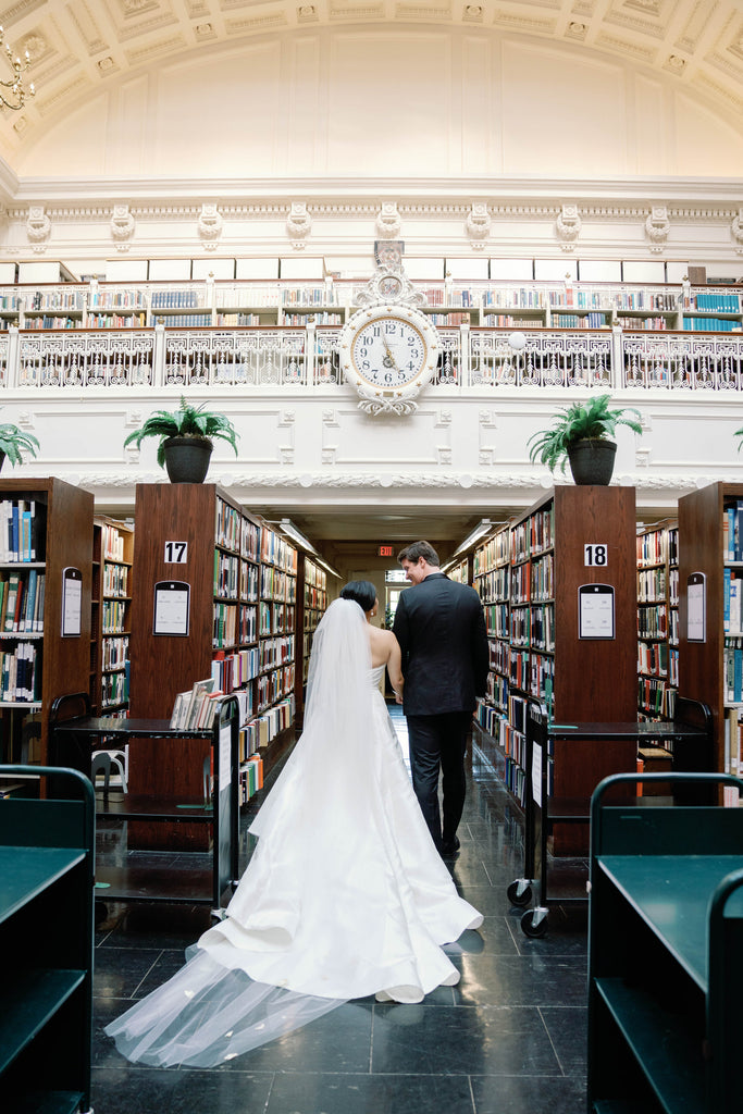 ballgown wedding dress with gorgeous puffy two layer wedding veil in library