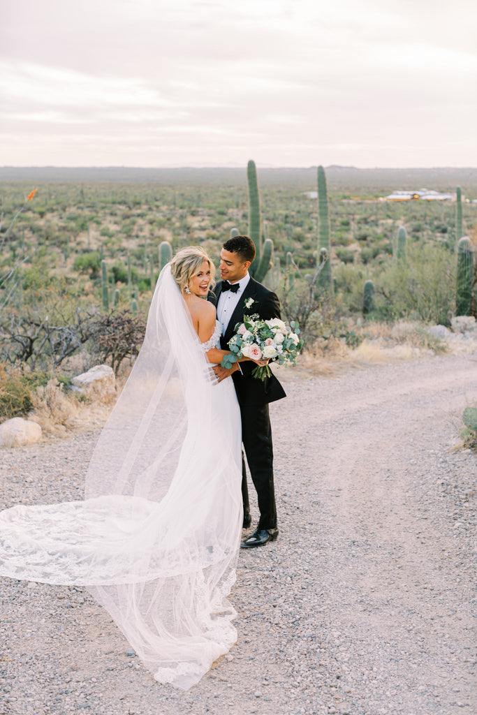 desert wedding with bride wearing long 108 inch cathedral length ivory veil with French lace trim and dramatic lace gown