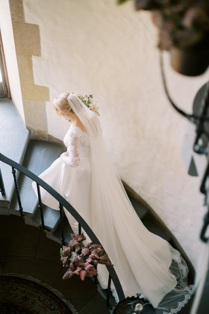 dramatic long cathedral length wedding veil in English net