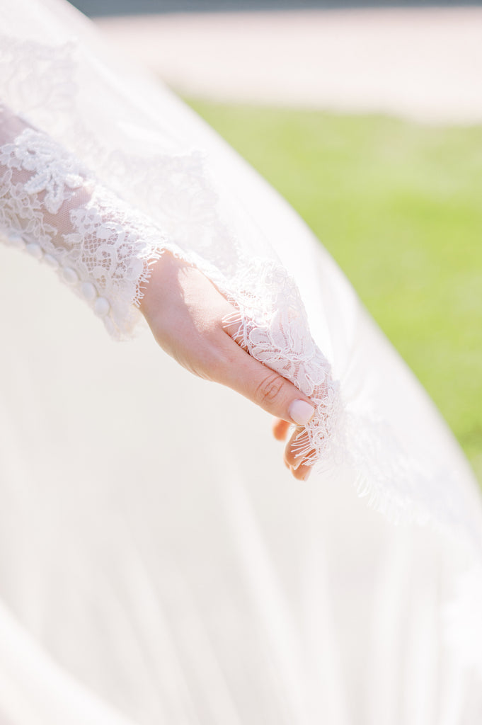 eyelash French alencon lace trim cathedral veil with long sleeved lace bridal gown