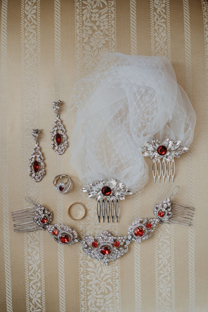 red garnet vintage heirloom wedding veil and hairpiece for retro bride