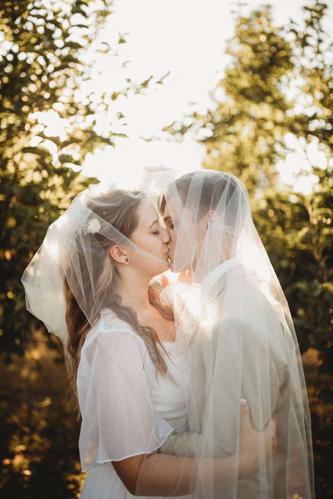 blusher wedding veil over bride and groom as they kiss