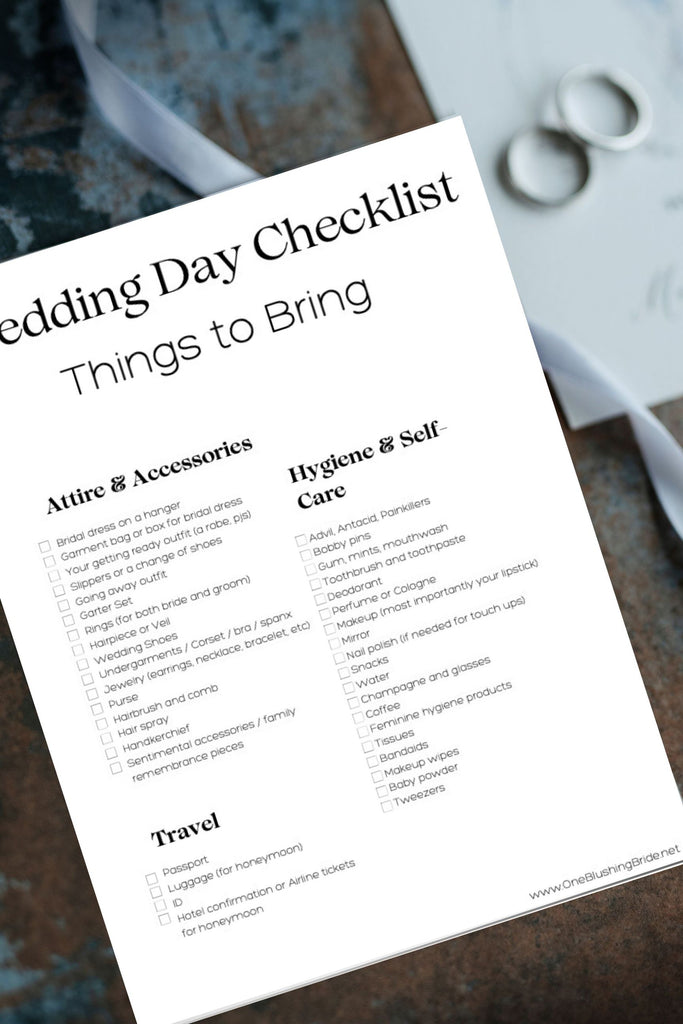 Day of Wedding Checklist  Bride, Guests, and Bridal Party