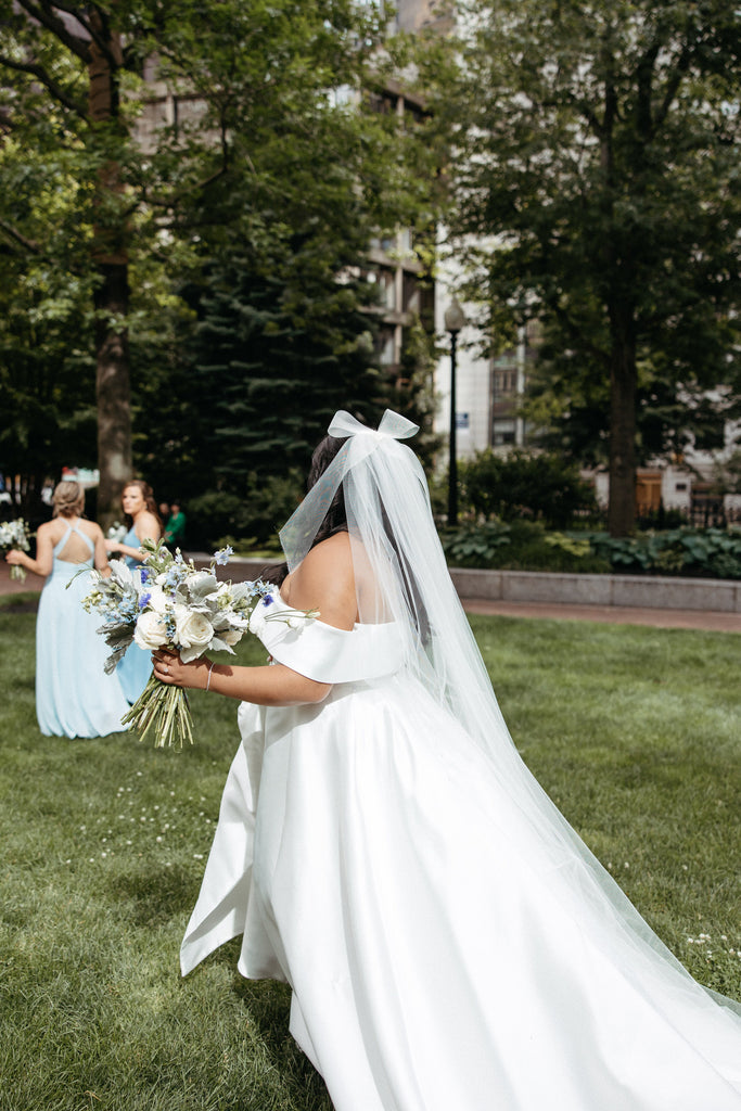 preppy bow wedding veil for bride in off the shoulder mikado gown