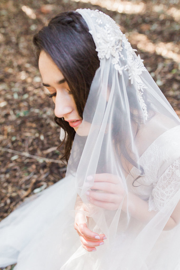 bespoke recycled fashion Juliet cap veil from grandma's old wedding dress on bride