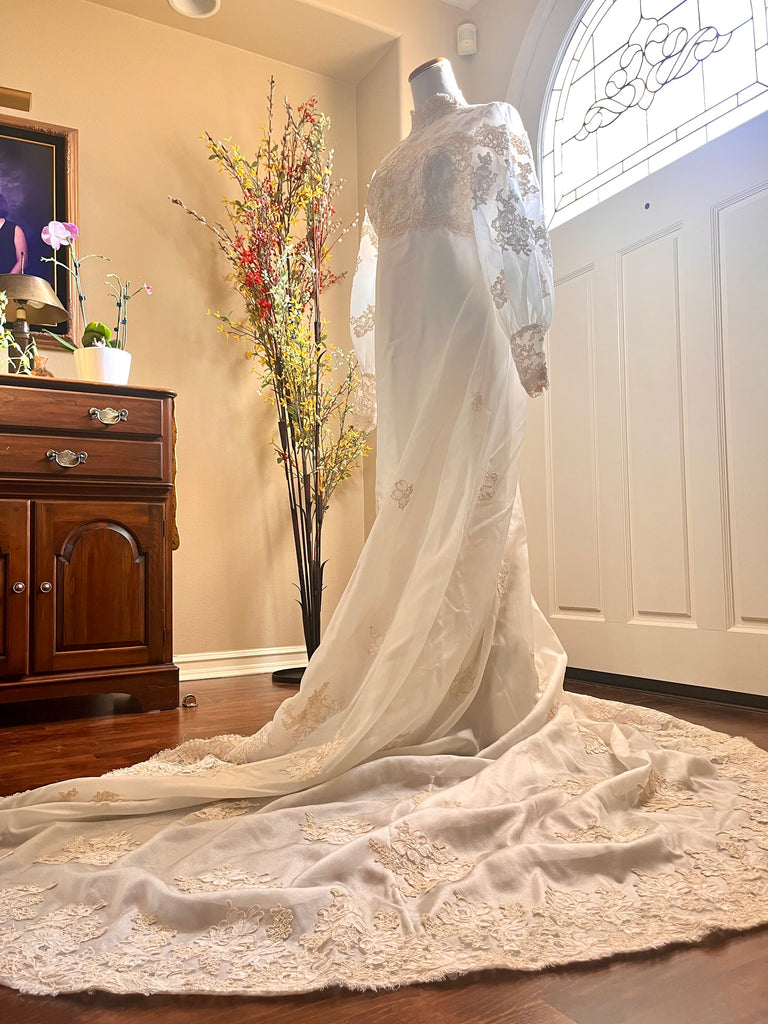 cutting up vintage wedding Dress with lace detail into bridal veil