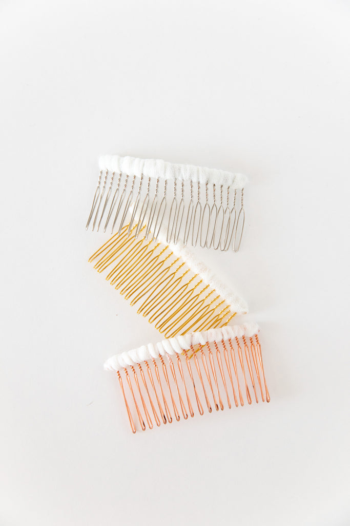 silver metal, gold metal, and rose gold metal bridal hair combs to attach a wedding veil to