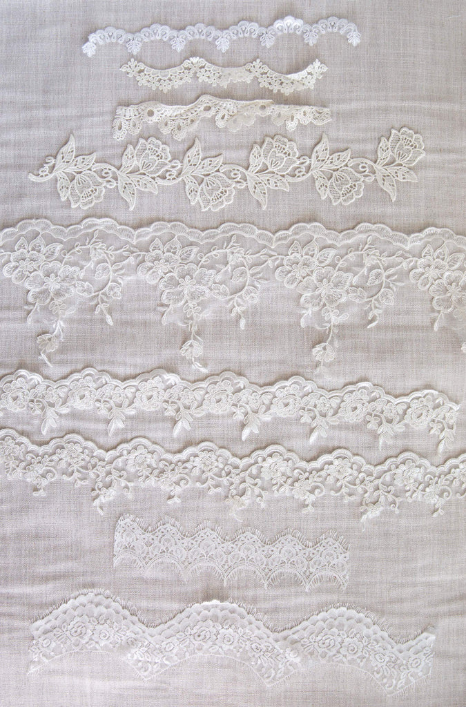 lace trim and embroidery edge in different colors for heirloom wedding Dress repurposed from grandma's gown