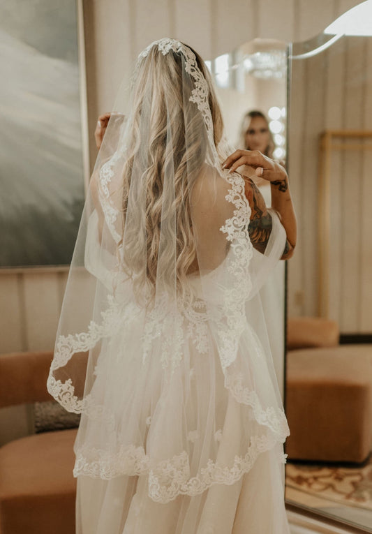 Cathedral Veil with Floral French Lace Trim, White/ Ivory – One Blushing  Bride Custom Wedding Veils