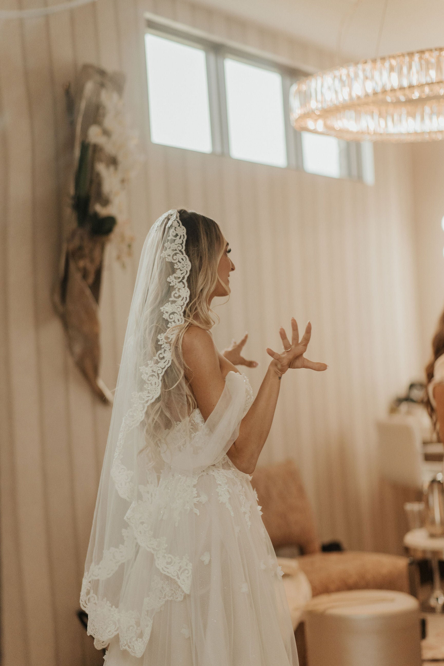 Fingertip Length Mantilla Wedding Veil Beaded Lace Trim – One Blushing Bride Wedding Veils