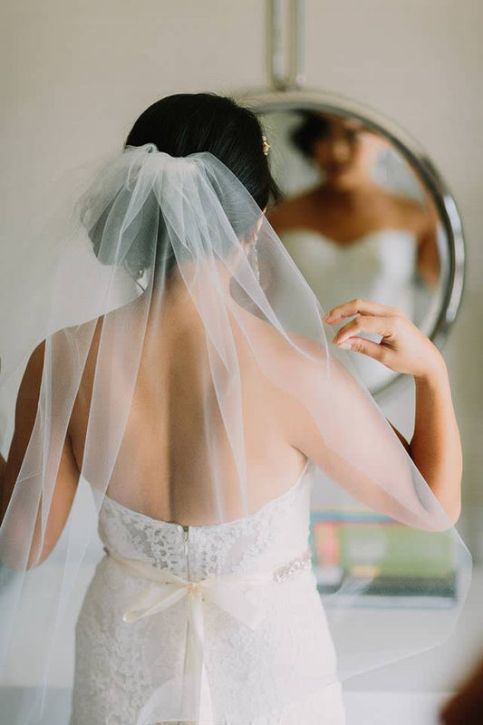 One Blushing Bride Short Birdcage Wedding Veil with Crystals and Rhinestones White / No Beading