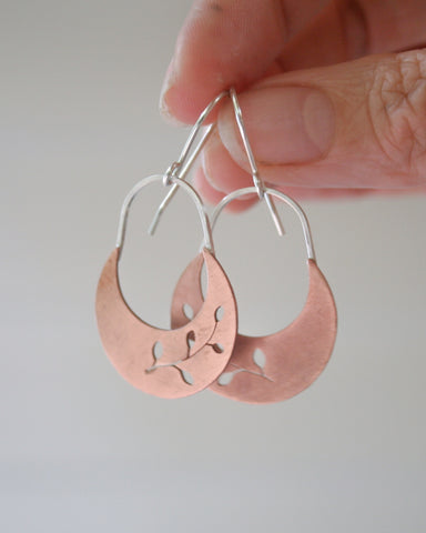 Copper botanical crescent earrings