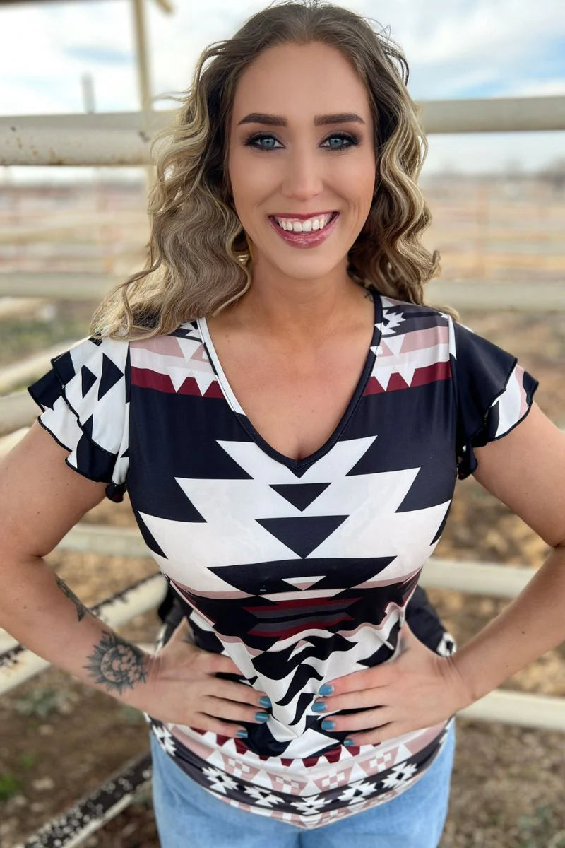 Aztec Ruffle Short Sleeve Top