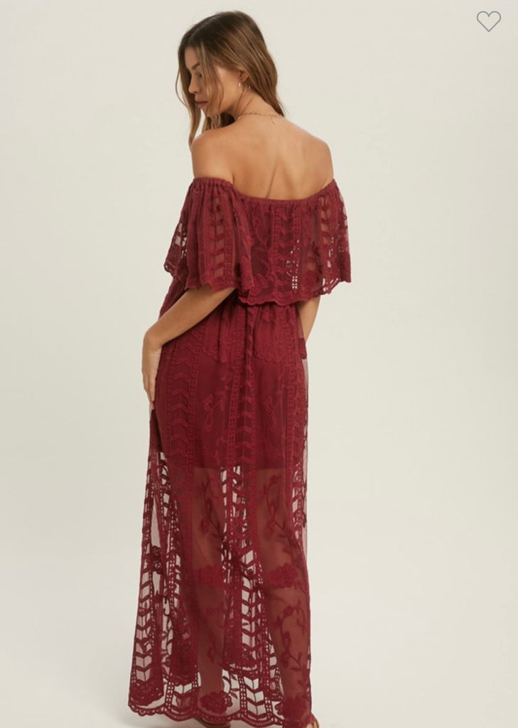 burgundy lace romper maxi dress